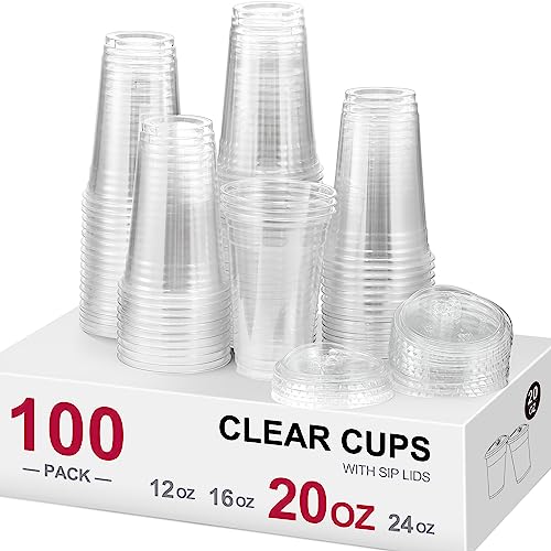 AOZITA 100 Sets, 20 oz Crystal Clear Plastic Cups With Sip Lids, Disposable Cups With Sip Through Lids for Iced Coffee, Smoothie, Milkshake, Cold Drinks