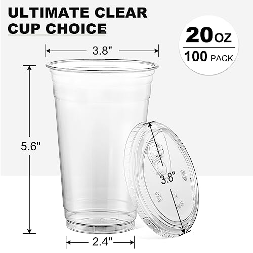 AOZITA 100 Sets, 20 oz Crystal Clear Plastic Cups With Sip Lids, Disposable Cups With Sip Through Lids for Iced Coffee, Smoothie, Milkshake, Cold Drinks