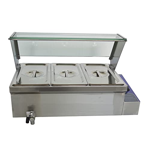 HQHAOTWU 3-Pan Electric Food Warmer Commercial Bain Marie Buffet Heightening Stainless Steel Soup Warmer Food Container with Glass Guard for Catering Restaurant Canteen 12.8"×7"×6" Pan