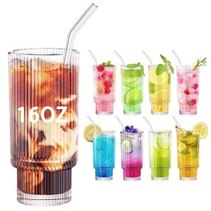 16oz Ribbed Drinking Glasses Set of 8, Clear Reusable Ribbed Glassware, Iced Coffee Cup, Cocktail Can Beer Glasses Cups with Straws, Vintage Wine Boba Tea Water Glass Tumbler, Cute House Warming Gifts