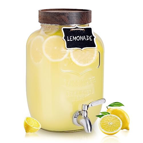 Mustry Glass Drink Dispenser for Parties, 1 Gallon Beverage Dispenser with Spigot Solid Stainless Steel, Used as Lemonade Dispenser Sun Tea Jar Kombucha Jar