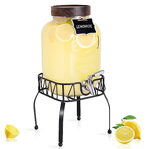 Mustry Glass Drink Dispenser for Parties, 1 Gallon Beverage Dispenser with Stand and Spigot Solid Stainless Steel, Used as Lemonade Dispenser Sun Tea Jar Kombucha Jar