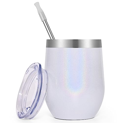 Lifecapido Stainless Steel Wine Tumbler 12oz, Double Wall Vacuum Insulated Wine Tumbler, Stainless Steel Stemless Wine Tumblers with Lid and Straw for Wine Coffee Tea Cocktails Juice,White Rainbow