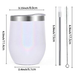 Lifecapido Stainless Steel Wine Tumbler 12oz, Double Wall Vacuum Insulated Wine Tumbler, Stainless Steel Stemless Wine Tumblers with Lid and Straw for Wine Coffee Tea Cocktails Juice,White Rainbow