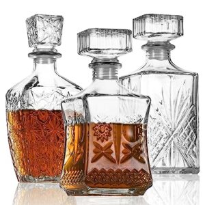 lawadach liquor decanters whiskey decanter set of 3 glass alcohol bottle for tequila, brandy and vodka unique liquor bar and party decorations (28oz*2, 31oz*1)