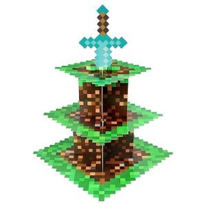 pixel game style cupcake holder, 3-tier cardboard cupcake stand, dessert tower display for birthday party supplies decoration