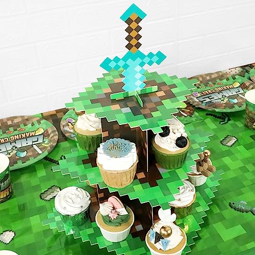 Pixel Game Style Cupcake Holder, 3-Tier Cardboard Cupcake Stand, Dessert Tower Display for Birthday Party Supplies Decoration