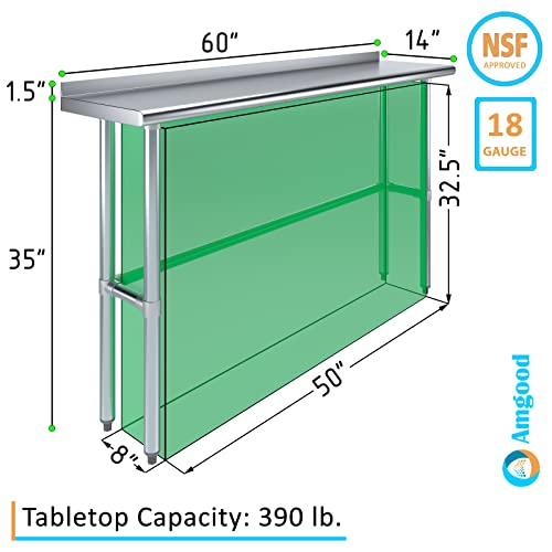 AmGood 14" X 60" Stainless Steel Work Table Open Base with 1.5" Backsplash | Metal Kitchen Food Prep Table | NSF