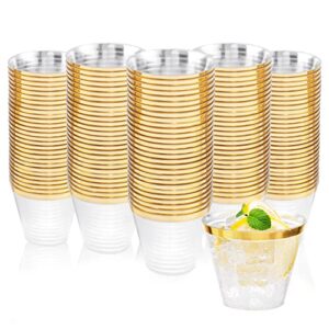 nervure 120pcs gold plastic cups - 9oz gold rimmed plastic cups - heavy duty disposable clear plastic cups with gold rim perfect for weddings, receptions & parties