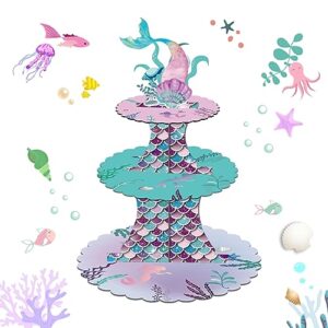 ayearparty 3 tier cupcake stand mermaid theme table decorations cardboard mini cake stand holder dessert tower round serving tray under the sea baby shower birthday party supplies