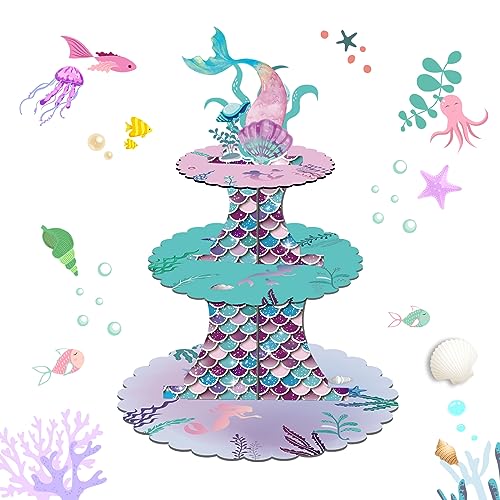 Ayearparty 3 Tier Cupcake Stand Mermaid Theme Table Decorations Cardboard Mini Cake Stand Holder Dessert Tower Round Serving Tray Under The Sea Baby Shower Birthday Party Supplies