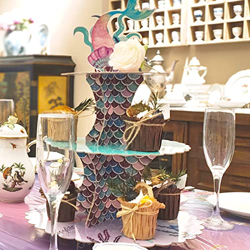 Ayearparty 3 Tier Cupcake Stand Mermaid Theme Table Decorations Cardboard Mini Cake Stand Holder Dessert Tower Round Serving Tray Under The Sea Baby Shower Birthday Party Supplies