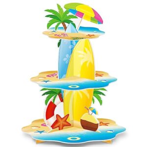 summer beach party cupcake stand decorations 3 tier pool theme cake holder luau hawaiian party dessert stand tower for kids office classroom beach birthday party baby shower wedding party supplies
