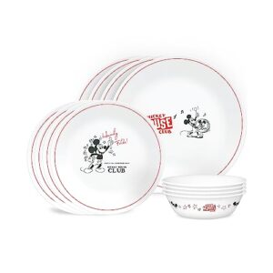 corelle vitrelle micky-mouse 12-pc glass dinnerware set (service for 4), 10.5" dinner plates, 8.5" salad plates, 16-oz soup cereal bowls-disney commemorative series