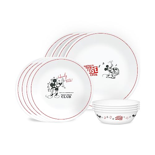 Corelle Vitrelle Micky-Mouse 12-PC Glass Dinnerware Set (Service for 4), 10.5" Dinner Plates, 8.5" Salad Plates, 16-Oz Soup Cereal Bowls-Disney Commemorative Series