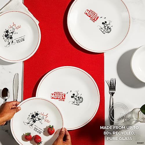 Corelle Vitrelle Micky-Mouse 12-PC Glass Dinnerware Set (Service for 4), 10.5" Dinner Plates, 8.5" Salad Plates, 16-Oz Soup Cereal Bowls-Disney Commemorative Series