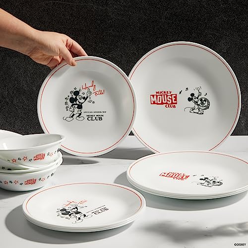 Corelle Vitrelle Micky-Mouse 12-PC Glass Dinnerware Set (Service for 4), 10.5" Dinner Plates, 8.5" Salad Plates, 16-Oz Soup Cereal Bowls-Disney Commemorative Series