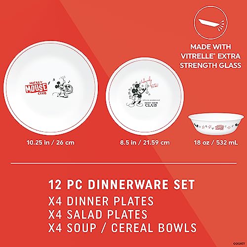 Corelle Vitrelle Micky-Mouse 12-PC Glass Dinnerware Set (Service for 4), 10.5" Dinner Plates, 8.5" Salad Plates, 16-Oz Soup Cereal Bowls-Disney Commemorative Series