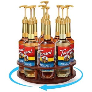 thygiftree rotating coffee syrup organizer 9 bottles coffee syrup rack for countertop wood syrup bottle holder stand for coffee bar station, turntable wine display tray
