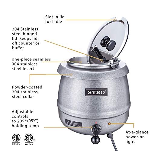 SYBO Stainless Steel Soup Kettle with Hinged Lid and Insert Pot, 10.5 Quarts, Commercial Grade & DL2112 Commercial Grade Food Heat Lamp Portable Electric Food Warmer 2-Bulb with Free-Standing,Silver