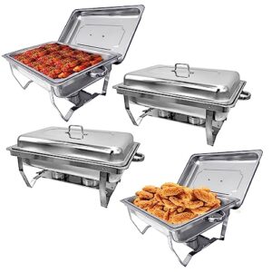 evgtti 4 pack chafing dish buffet set, 8qt stainless steel rectangular chafers and buffet warmer sets for catering, with food & water pan, lid, foldable frame, fuel holder