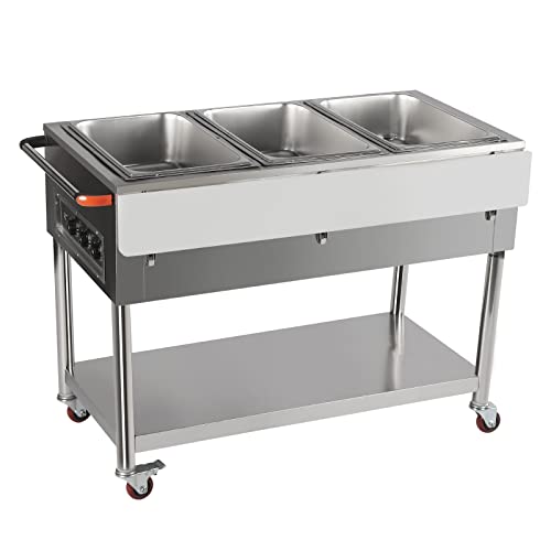 Commercial Restaurant Food Warmer, Stainless Steel Free-Standing Food Warmer Cart 3-Pot Steamer Table Electric Food Warmer 32-212F for Catering 44Inch