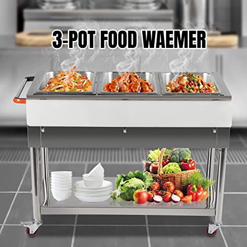 Commercial Restaurant Food Warmer, Stainless Steel Free-Standing Food Warmer Cart 3-Pot Steamer Table Electric Food Warmer 32-212F for Catering 44Inch