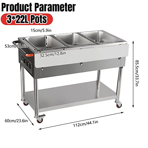 Commercial Restaurant Food Warmer, Stainless Steel Free-Standing Food Warmer Cart 3-Pot Steamer Table Electric Food Warmer 32-212F for Catering 44Inch