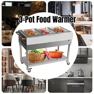 Commercial Restaurant Food Warmer, Stainless Steel Free-Standing Food Warmer Cart 3-Pot Steamer Table Electric Food Warmer 32-212F for Catering 44Inch