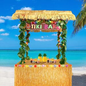 auihiay 50pcs tiki bar hut kit, tiki hut decoration includes tiki bar, banner, roof, palm leaves, flower garland and table skirt, great hawaiian pool beach luau party decor supplies