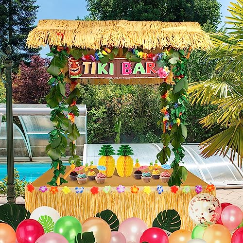 Auihiay 50PCS Tiki Bar Hut Kit, Tiki Hut Decoration Includes Tiki Bar, Banner, Roof, Palm Leaves, Flower Garland and Table Skirt, Great Hawaiian Pool Beach Luau Party Decor Supplies