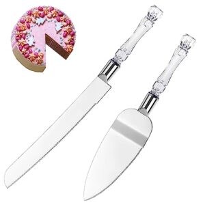 cake knife and server set - 2 pcs cake cutting set for wedding with stainless steel blades, wedding cake knife with acrylic faux crystal handles, perfect for wedding cake and birthdays (silver)