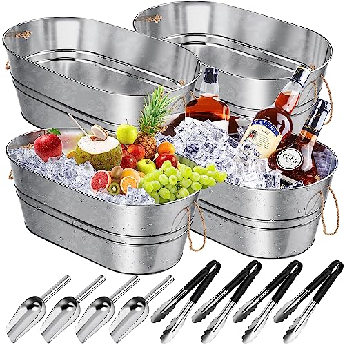 Kochorie 4 Pieces Metal Galvanized Beverage Tubs with Handles Cold Beer Insulated Drink Tub with 4 Ice Scoop and 4 Stainless Steel Tongs Stainless Steel Finish Drink Chiller for Parties