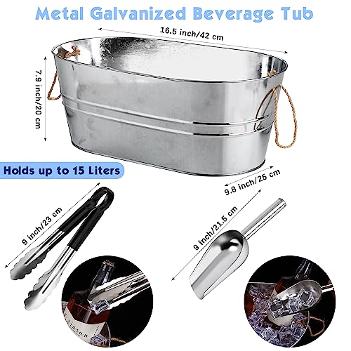 Kochorie 4 Pieces Metal Galvanized Beverage Tubs with Handles Cold Beer Insulated Drink Tub with 4 Ice Scoop and 4 Stainless Steel Tongs Stainless Steel Finish Drink Chiller for Parties