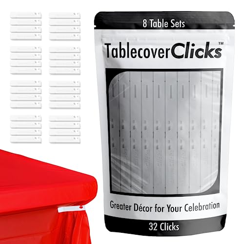 Table Cover Clicks: 32 Pack of Reusable Tablecloth/Table-Cover Clips – Great for Disposable Plastic Table Covers – Celebration/Party Table Décor