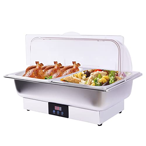 Electric Chafing Dishes - Stainless Steel Buffet Servers 9QT Food Warmer Commercial Chafing Dishes Temp Display Stainless Clear Lid&Handle for Catering (Plastic Lid)