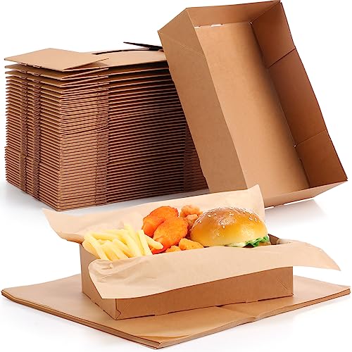 Seajan 50 Pack 40oz Disposable Food Box and 100 Pcs Sandwich Wrapping Paper Kraft Paper Food Tray Paper Food Containers Paper Trays for Food Foldable Fast Food Holders Greaseproof Liners for Snack