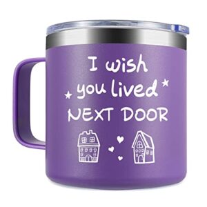 sodlar best friend gift for women - “i wish you lived next door” - purple tumbler mug 14oz - funny ideas for friendship hostess present birthday long distance female bestie bff