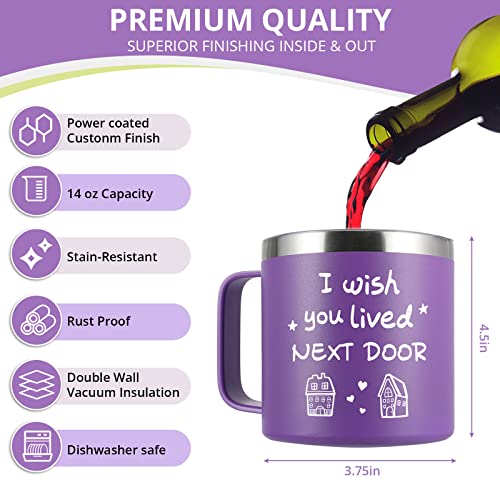 Sodlar Best Friend Gift for Women - “I wish you lived next door” - Purple Tumbler Mug 14oz - Funny Ideas for Friendship Hostess Present Birthday Long Distance Female Bestie BFF