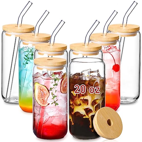 VITEVER [ 8 Pack ] 20 OZ Glass Cups with Bamboo Lids and Glass Straw - Beer Can Shaped Drinking Hurricane Glasses, Iced Coffee Glasses, Cute Tumbler Cup, Aesthetic Coffee Bar Accessories, Gifts