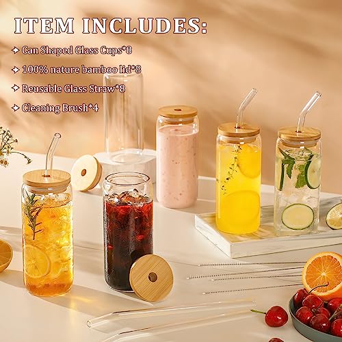 VITEVER [ 8 Pack ] 20 OZ Glass Cups with Bamboo Lids and Glass Straw - Beer Can Shaped Drinking Hurricane Glasses, Iced Coffee Glasses, Cute Tumbler Cup, Aesthetic Coffee Bar Accessories, Gifts
