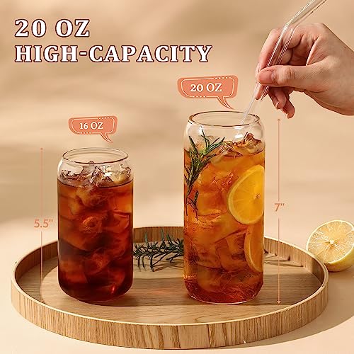 VITEVER [ 8 Pack ] 20 OZ Glass Cups with Bamboo Lids and Glass Straw - Beer Can Shaped Drinking Hurricane Glasses, Iced Coffee Glasses, Cute Tumbler Cup, Aesthetic Coffee Bar Accessories, Gifts