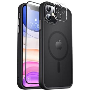 mocca strong magnetic for iphone 11 phone case,[compatible with magsafe][glass screen protector+camera lens protector] slim thin shockproof cover case for iphone 11 6.1 inch, black