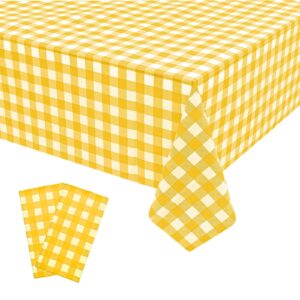 2 pack yellow gingham tablecloth decorations, yellow and white checkered background disposable plastic tablecloth, 54 x 108 inch tablecloth for birthday party, outdoor dinner, holiday party deco