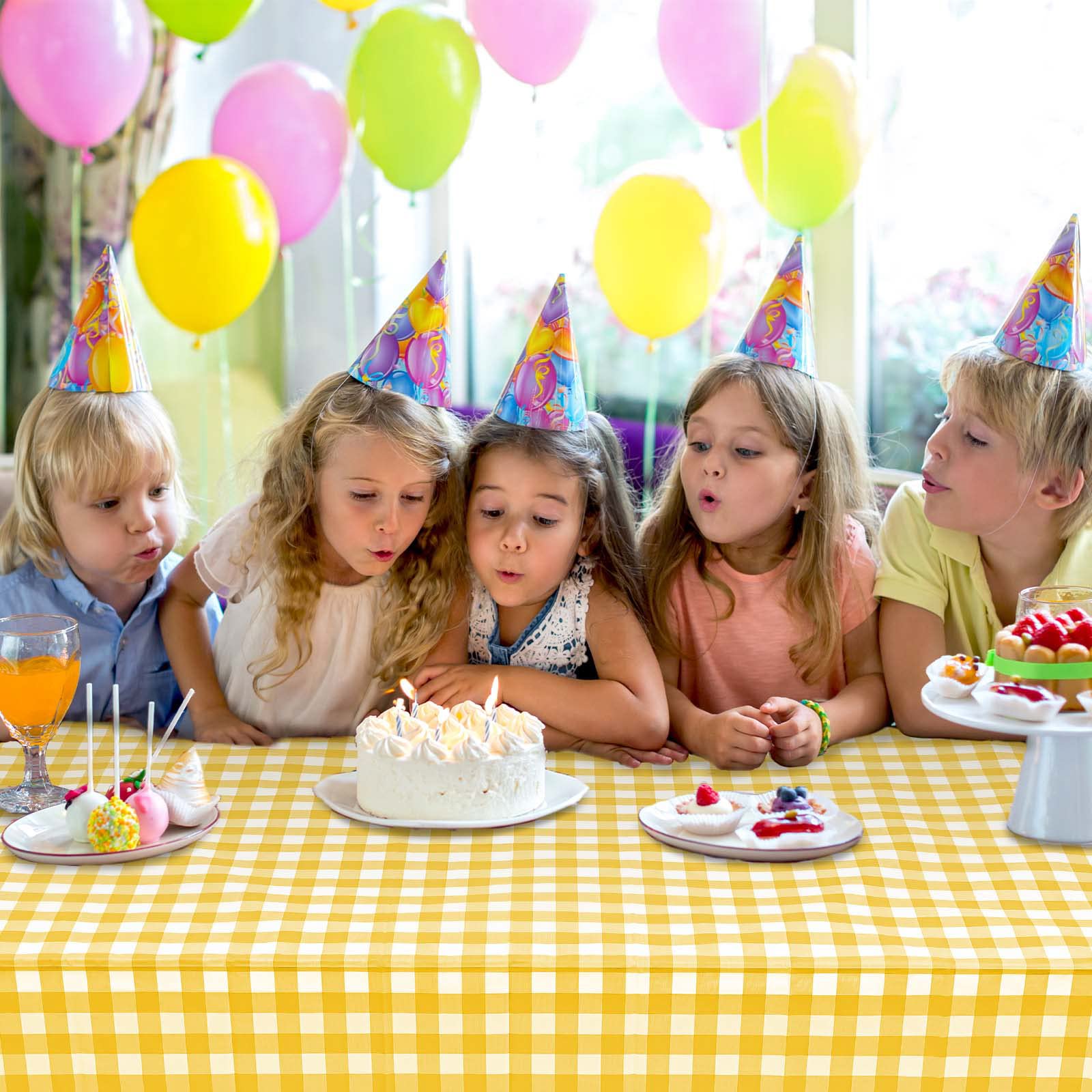 2 Pack Yellow Gingham Tablecloth Decorations, Yellow and White Checkered Background Disposable Plastic Tablecloth, 54 x 108 Inch Tablecloth for Birthday Party, Outdoor Dinner, Holiday Party Deco