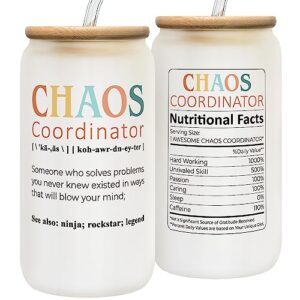 chaos coordinator gifts cup - thank you appreciation office gifts for women, her, mom, coworker, manager, teacher, nurse, supervisor, wedding planner - boss lady gifts for women - 16 oz can glass