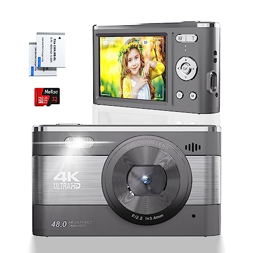 4K Compact Digital Camera for Photography and Video 4K 48MP Vlogging Camera for YouTube with 3” FHD Screen 18X Digital Zoom Point and Shoot Camera Mini Travel Camera with 32GB SD Card, 2 Batteries