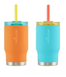 reduce 14 oz coldee tumbler, 2 pack – reusable vacuum insulated stainless steel cup with straw and lid – small and perfect for kids – gripster finish, orange and razzed-berry