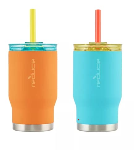 REDUCE 14 oz Coldee Tumbler, 2 Pack – Reusable Vacuum Insulated Stainless Steel Cup with Straw and Lid – Small and Perfect for Kids – Gripster Finish, Orange and Razzed-berry