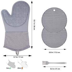 Oven Mitts and Pot Holders Sets, Silicone Oven Mitts Heat Resistant 550℉ Kitchen Oven Mits/Glove Set, Extra Long Kitchen Mittens and Hot Pads Pot Holder with Basting Brush for Baking Cooking Grilling